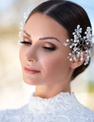 Bridal makeup with soft eyeshadow, defined lashes and nude lips