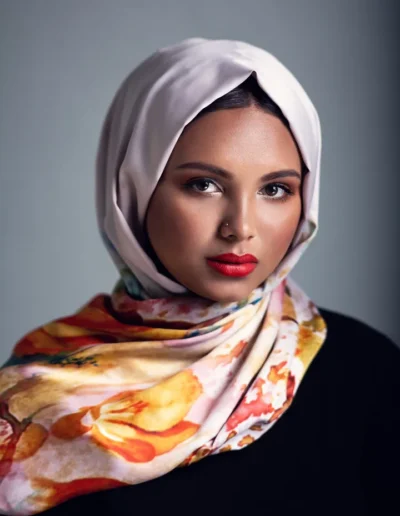 Makeup look with defined eyes and vibrant red lips